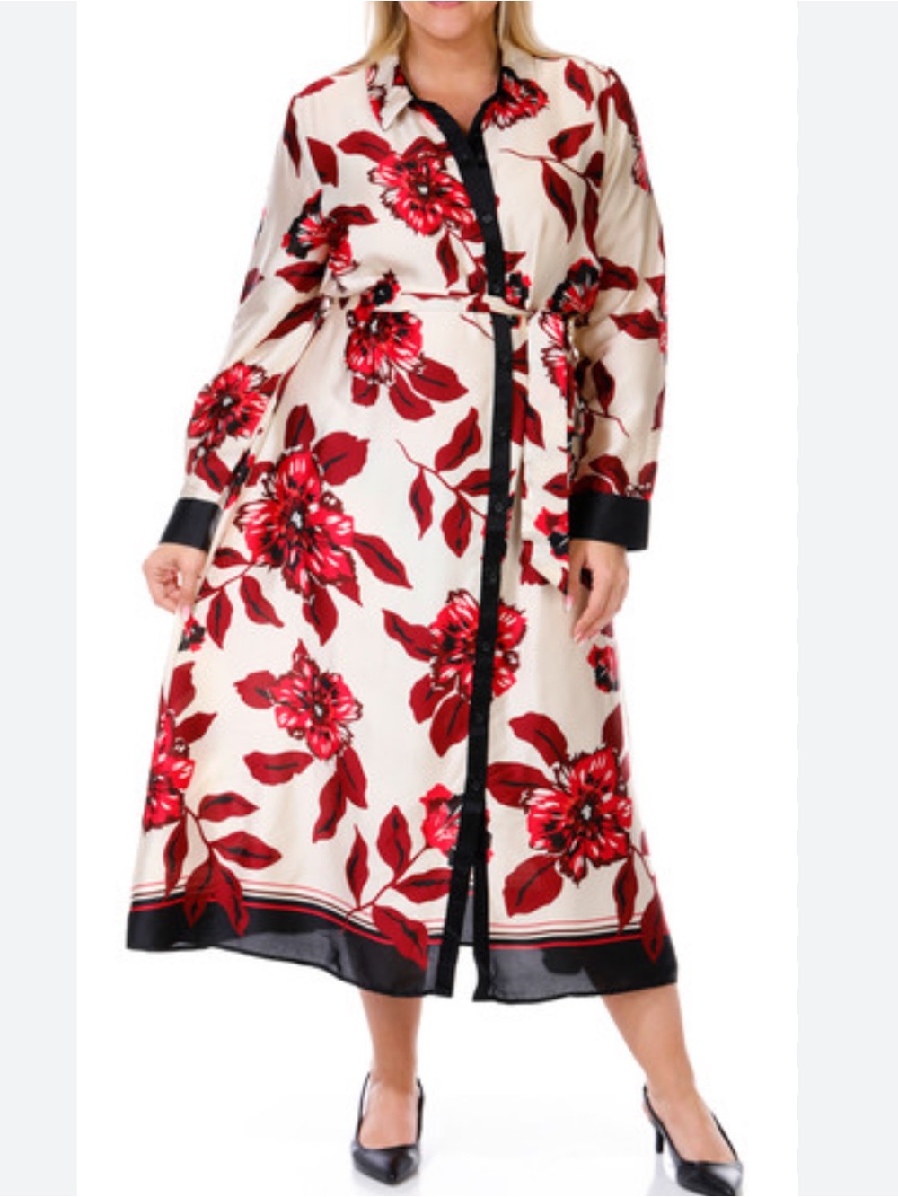 Silk Floral Shirt Dress in Cream and Red